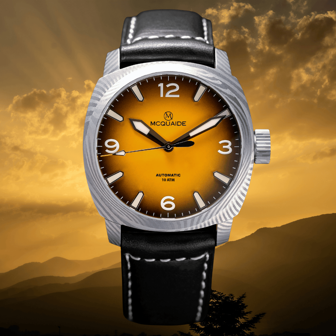 The McQuaide C1 Sunburst with a sunny background and black strap