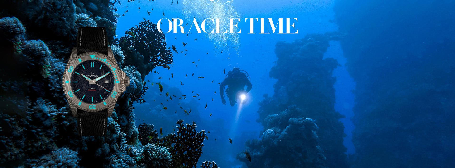 Oracle Time watch displayed underwater with a diver and coral reef.