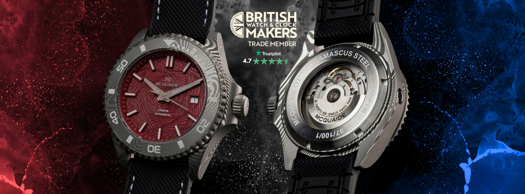 Watch with red face and black strap, branded 'British Makers', on a dark background.