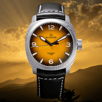 The McQuaide C1 Sunburst with a sunny background and black strap
