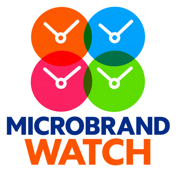 A digital graphic logo featuring four overlapping colored circles in orange, blue, pink, and green, each containing a white clock icon. Below the circles, the text 'MICROBRAND WATCH' is displayed, with 'MICROBRAND' in dark blue and 'WATCH' in orange, all on a solid white background.