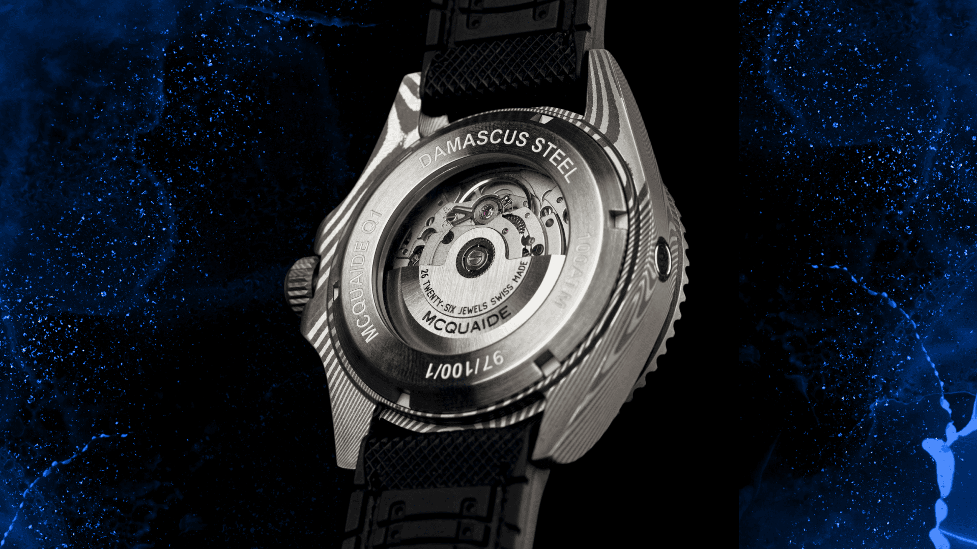 Close up of the Damascus Steel exhibition caseback of the McQuaide Q1 abyss background