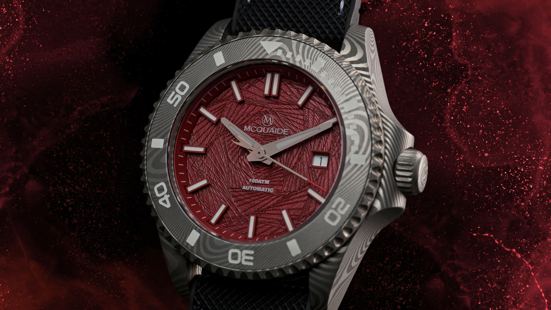 Closeup of the McQuaide Q1 Crimson Damascus Steel Watch background