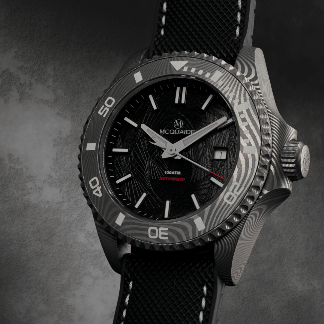 Front angle of the McQuaide Q1 Obsidian Damascus Steel Watch