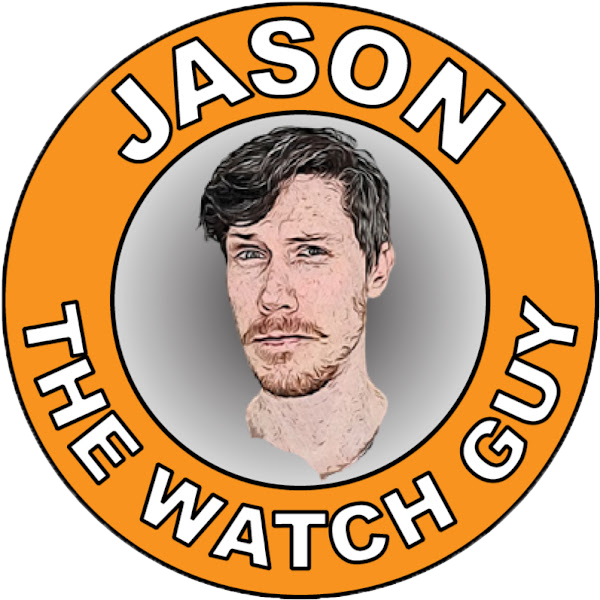 Circular logo with a person's face and 'Jason The Watch Guy' text on an orange background