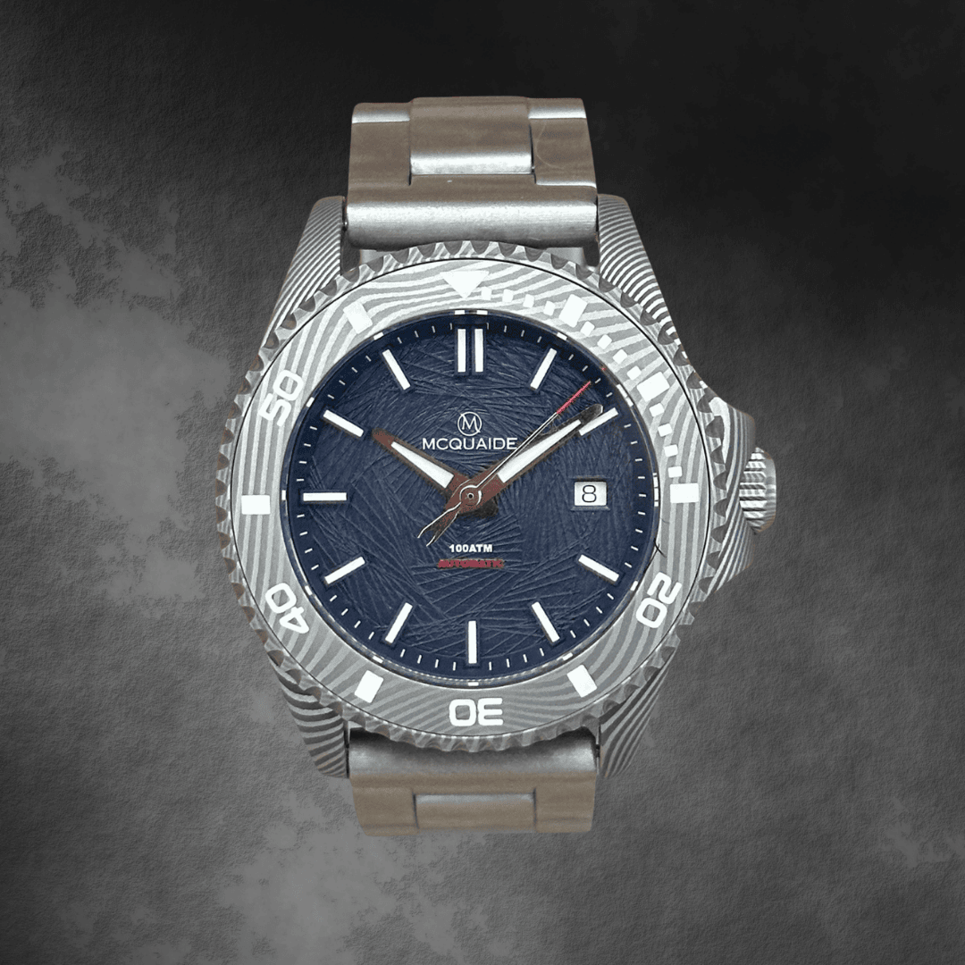 Q1 Abyss Damascus Steel watch with a detailed brushed steel bracelet on a dark textured background