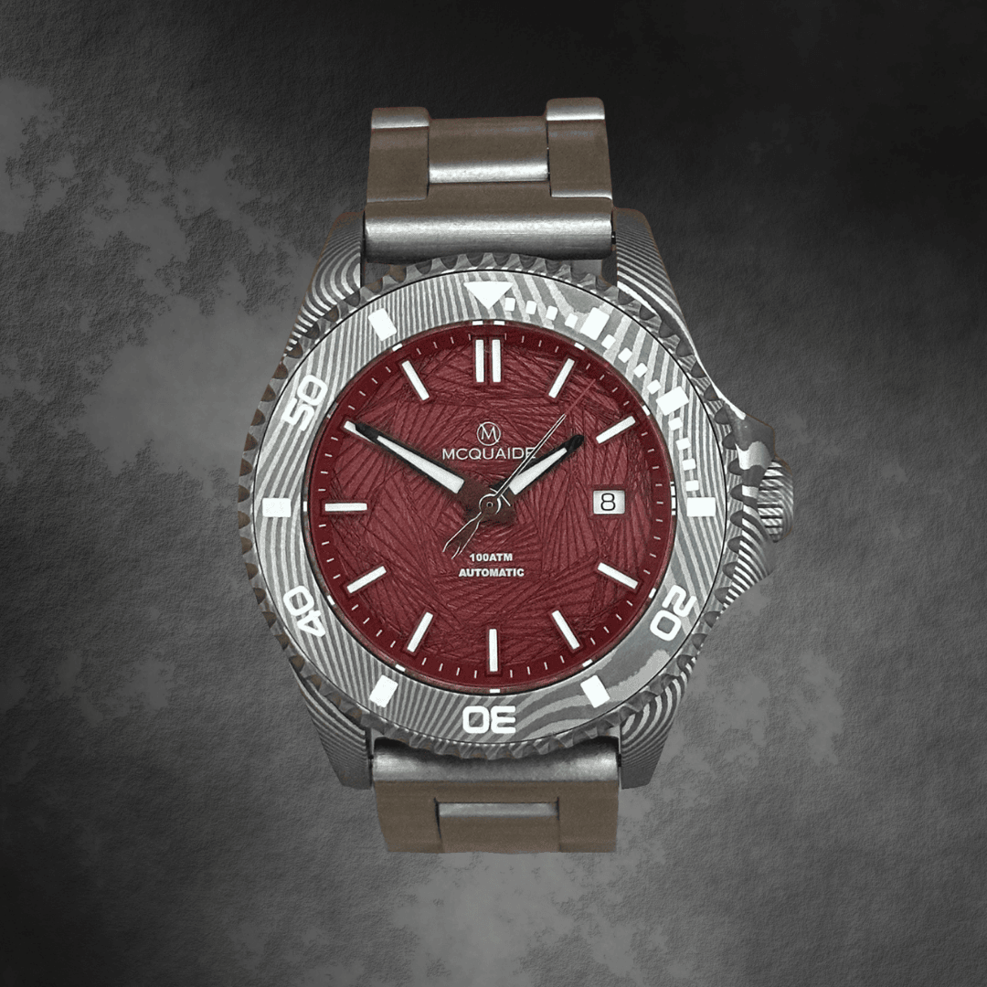 Q1 Crimson Damascus Steel watch with a detailed brushed steel bracelet on a dark textured background
