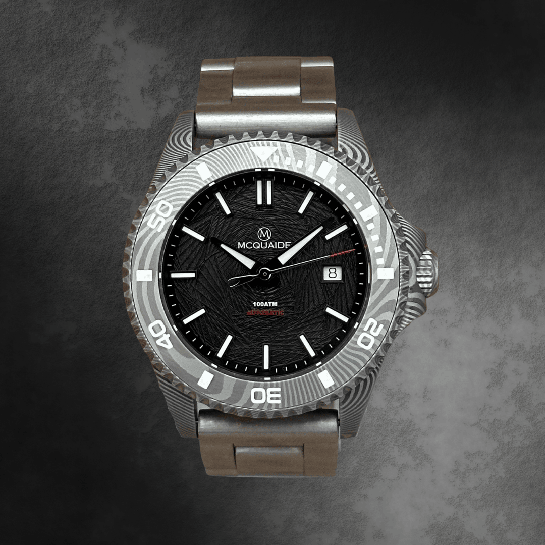 Q1 Obsidian Damascus Steel watch with a detailed brushed steel bracelet on a dark textured background