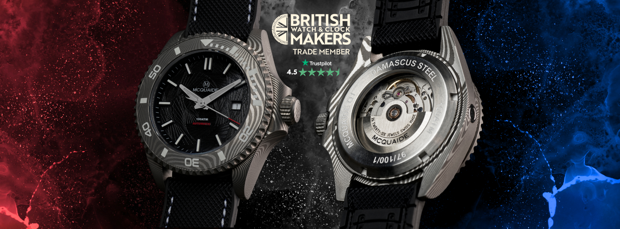 McQuaide Q1 Damascus Steel Watch with the British Watch & Clock Makers Logo