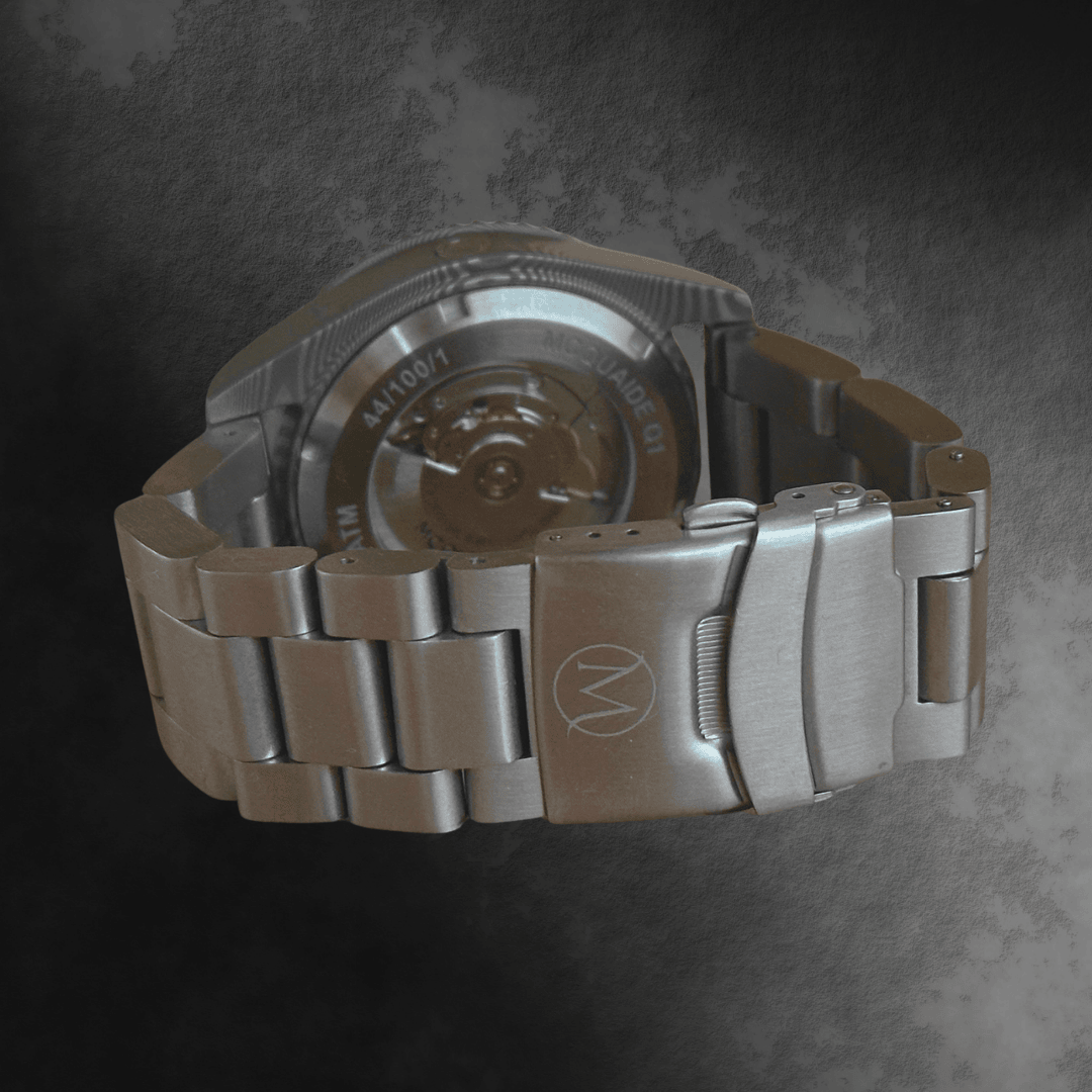 Damascus Steel watch with a detailed brushed steel bracelet on a dark textured background