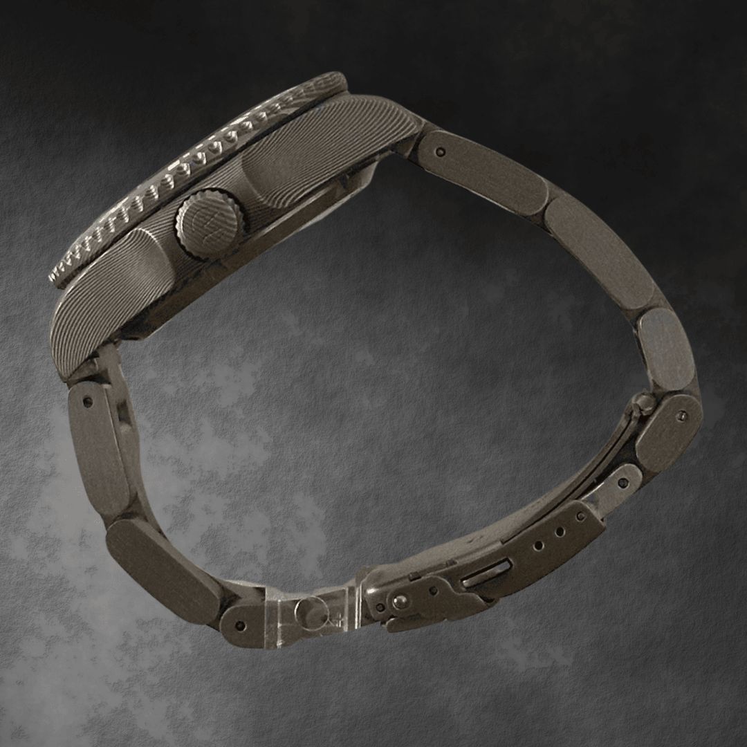 Damascus Steel watch with a detailed brushed steel bracelet on a dark textured background
