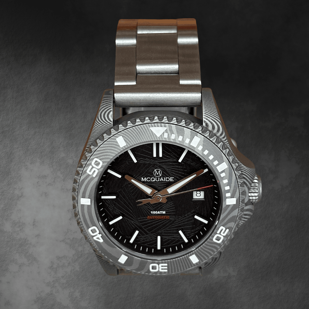 Top view of the Q1 Obsidian Damascus Steel watch with a detailed brushed steel bracelet on a dark textured background