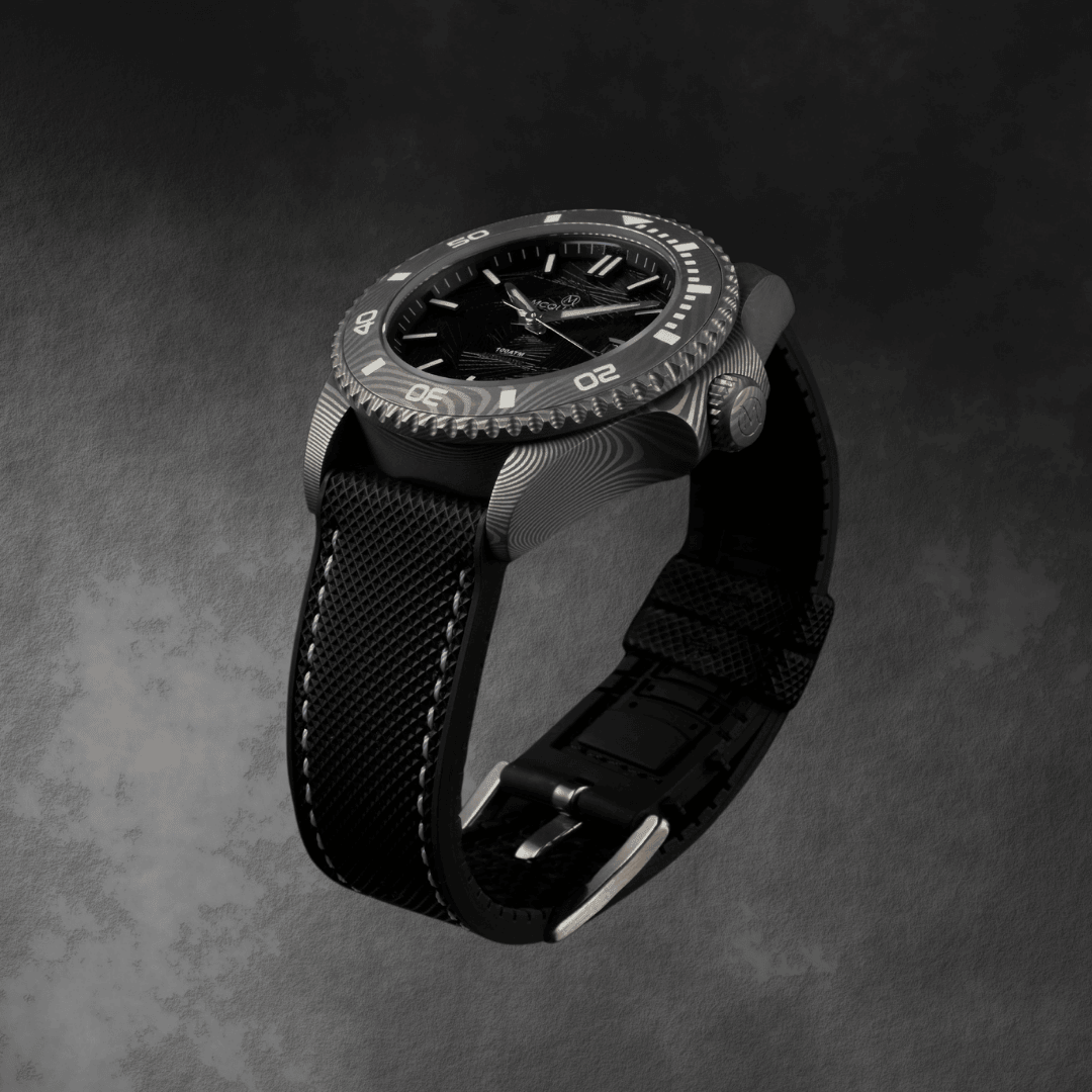 Side of McQuaide Q1 Obsidian Damascus Steel Watch