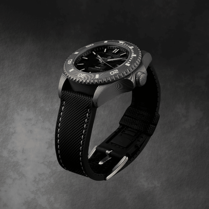 Side of McQuaide Q1 Obsidian Damascus Steel Watch