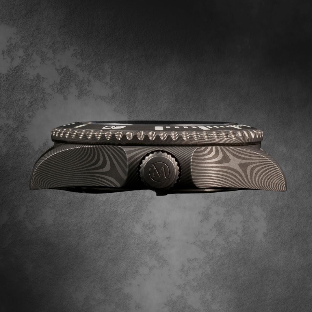 Side profile of the McQuaide Q1 Damascus Steel watch