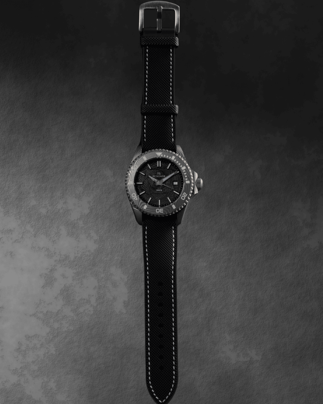 Straight photo of McQuaide Q1 Obsidian Damascus Steel watch