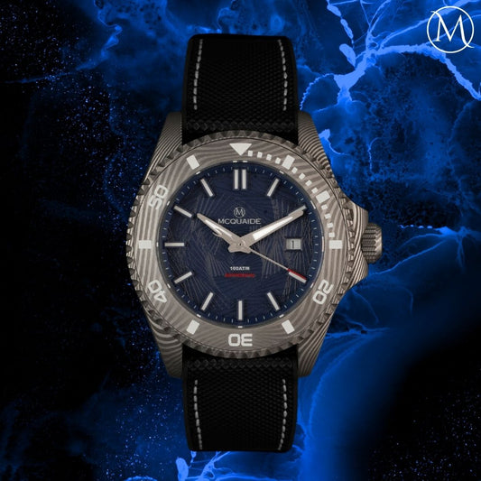 The McQuaide Q1 Abyss Damascus Steel Watch with lume