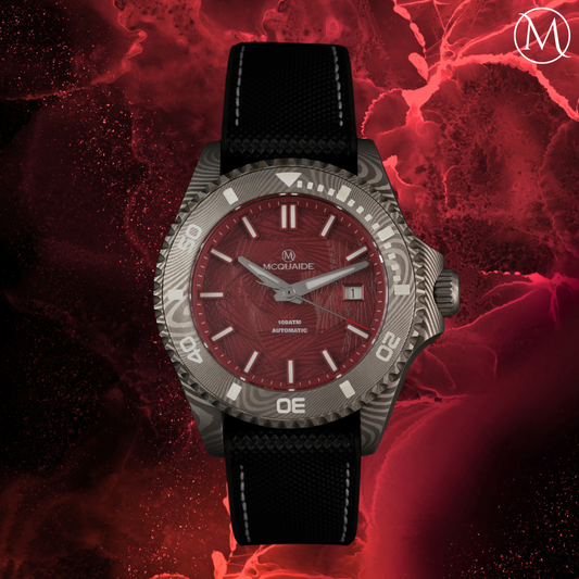The McQuaide Q1 Damascus Steel Watch in crimson red