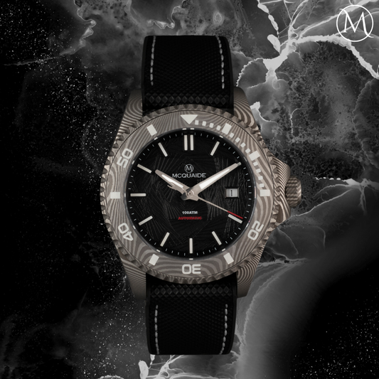 The McQuaide Q1 Damascus Steel Watch in obsidian black