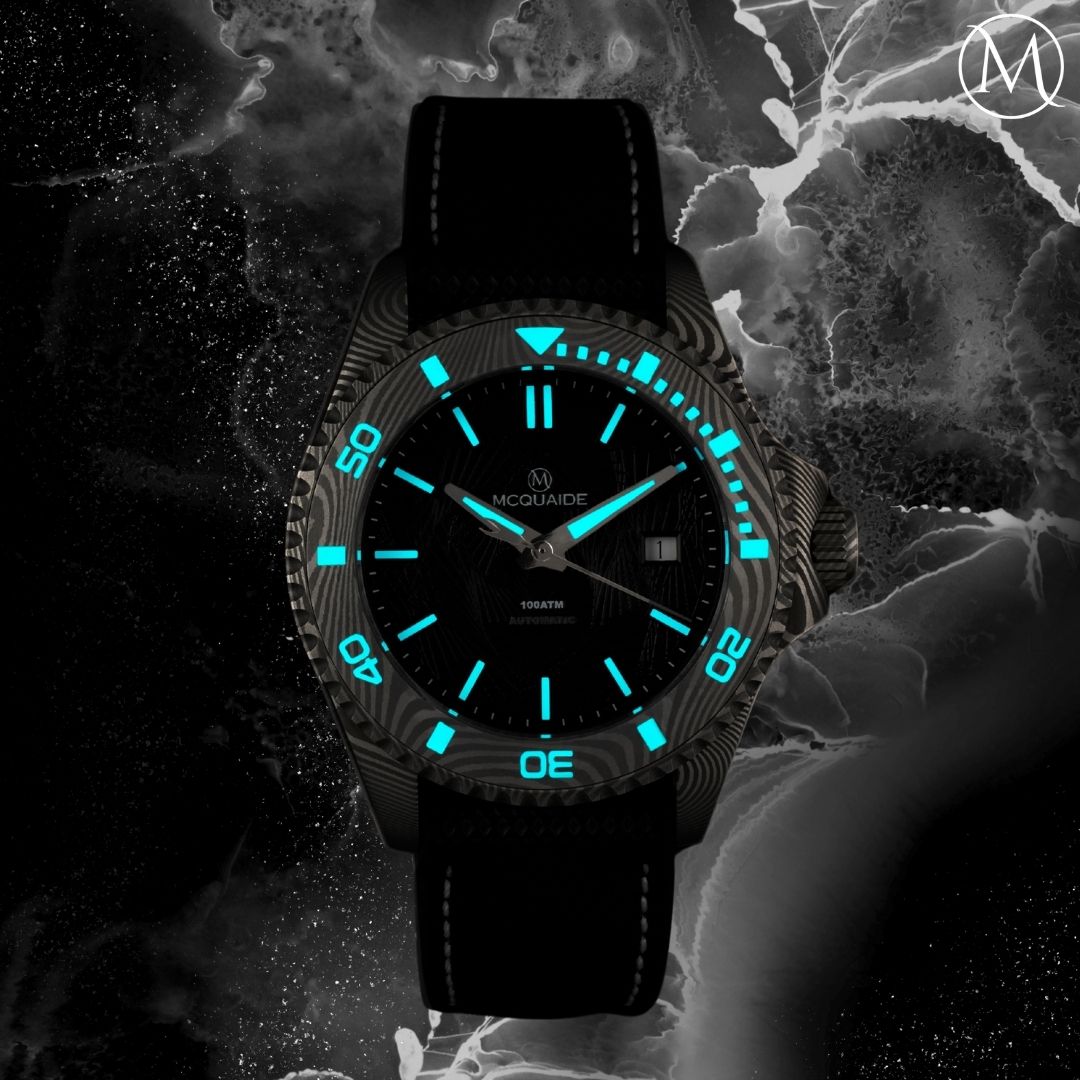 The McQuaide Q1 Obsidian Damascus Steel Watch with lume