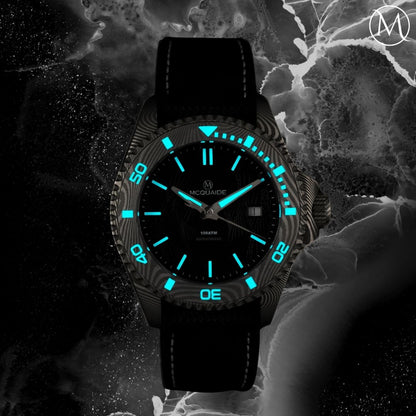 The McQuaide Q1 Obsidian Damascus Steel Watch with lume