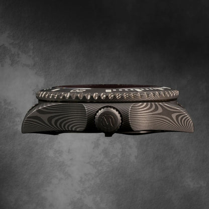The side profile of the McQuaide Q1 Crimson Damascus Steel Watch