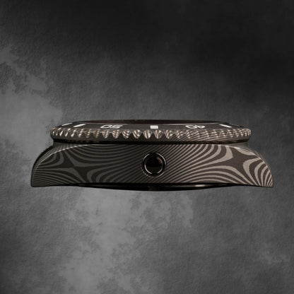 The side profile of the McQuaide Q1 Crimson Damascus Steel Watch with Helium Escape Valve