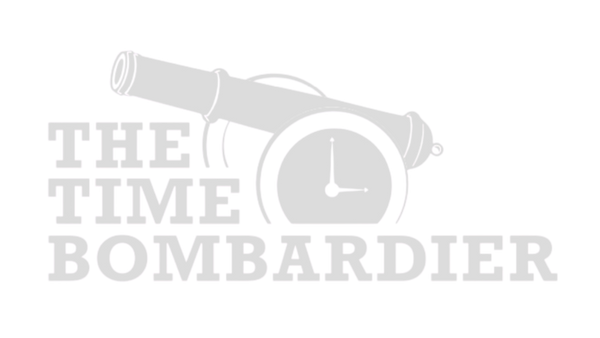 A light gray logo-style graphic on a white background featuring a cannon and clock illustration with the text 'THE TIME BOMBARDIER'.