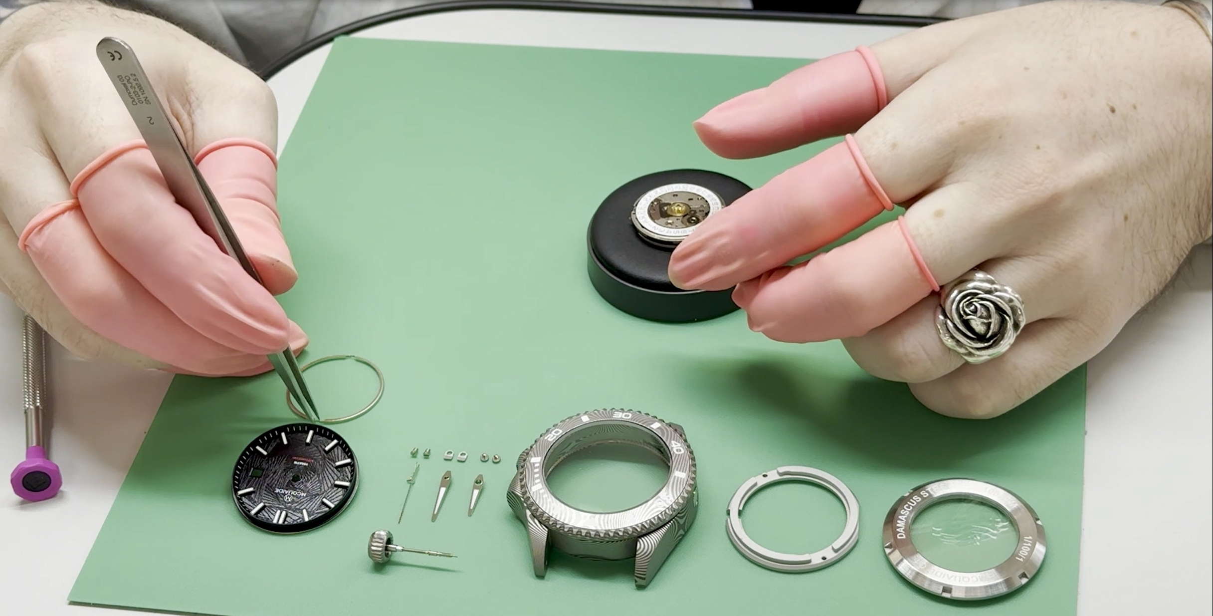 Load video: Horologium assembling the McQuaide Q1 Damascus Steel Diver