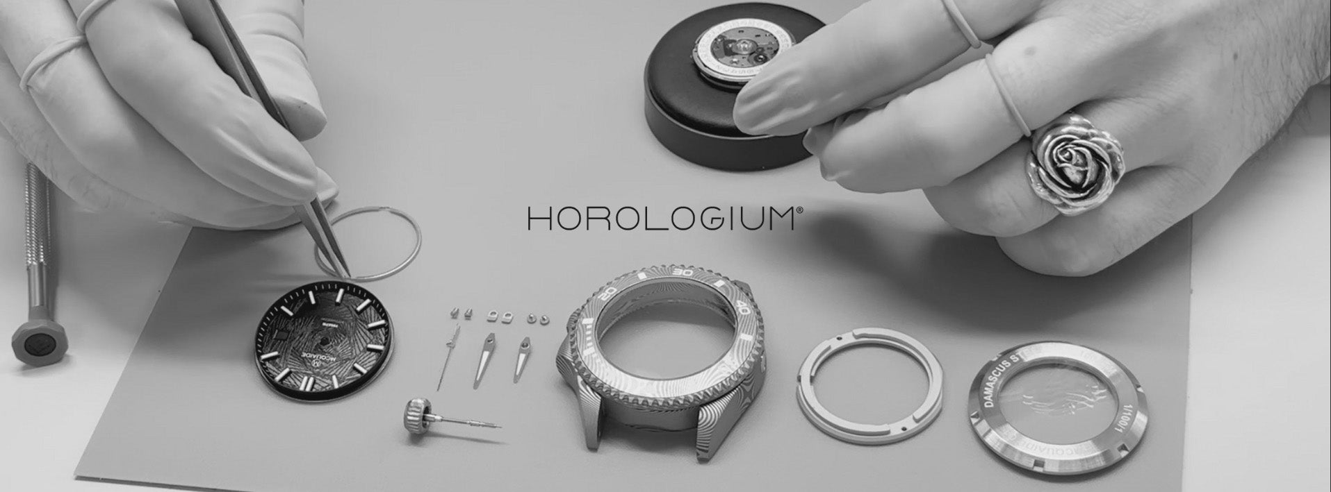 Watch repair process with components and tools on a white background, featuring the brand 'Horologium'.