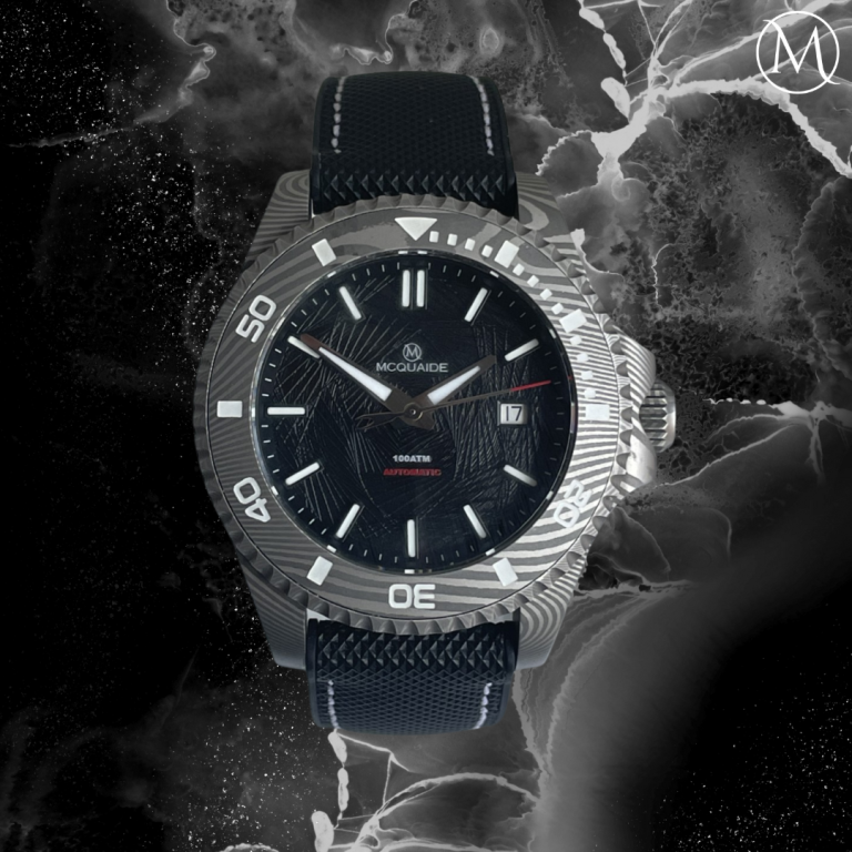 Damascus Steel Watch with Black Background